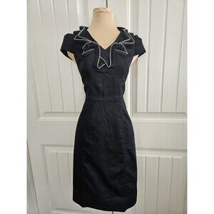London Times Stretch Denim  Zipper Ruffle Collar Women's Sheath Dress Size 6